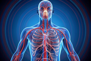 A man's body is shown in a blue and red color scheme, with the veins