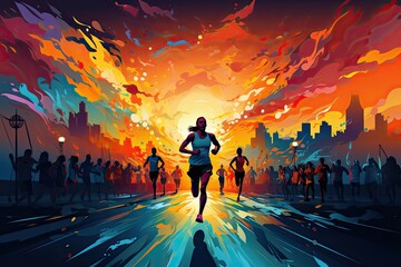 Fototapeta premium Advertising of marathon poster illustrated with a group of runners in various dynamic poses.