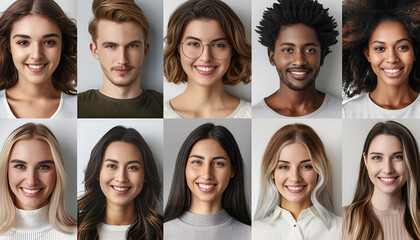 Different women and men on white background, closeup. Collage of photos