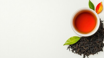 A soothing cup of tea surrounded by fresh leaves and loose tea leaves, perfect for relaxation and enjoyment.