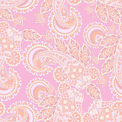 Madhubani, kalamkari, kani seamless pattern. Vector Ajrakh Ikat print patola. Background digital printing textile pattern floral allover design