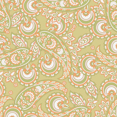 Turkish Cucumber Paisley seamless vector pattern in traditional Oriental style. Decorated with flowers, leaves, and fantasy elements, for fabric, textile and wallpaper covers