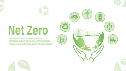 Banner Net Zero. Zero emissions concept by 2050. Long-term strategy for a net zero emissions target, no toxic gases (vector illustration).