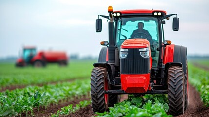 Fototapeta premium A vibrant red tractor working in a lush green field, highlighting modern farming techniques and agricultural innovation.