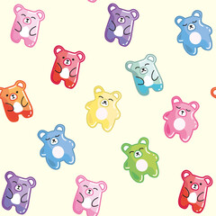 Cute characters Bears, Gummy bear seamless pattern. Sweet jelly candy texture. Colorful vector illustration.
