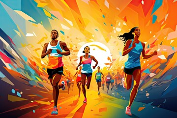 Advertising of marathon poster illustrated with a group of runners in various dynamic poses.
