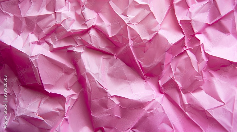 Poster Pink crumpled paper texture shows detailed creases and shadows in a bright ambient light, creating an artistic and vibrant visual effect