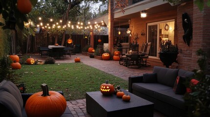 Jack-o-lanterns decorate an outdoor patio with string lights for a Halloween party.
