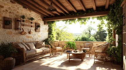 Fototapeta premium Relaxing patio with wicker furniture, a wooden table, and a beautiful view.