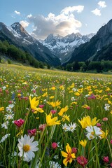 Fototapeta premium A vibrant wildflower meadow in full bloom, set against a backdrop of majestic snow-capped mountains. The serene and picturesque scene captures the beauty of nature and the tranquility of the alpine la