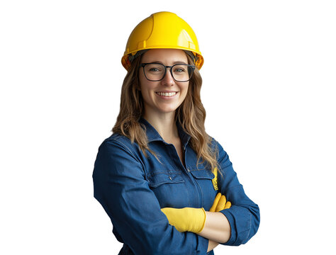 confident female engineer technician smiling in safety helmet and workwear