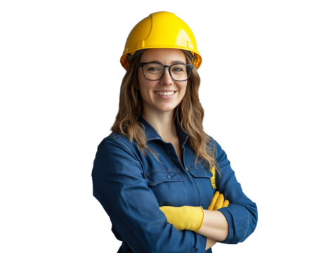 confident female engineer technician smiling in safety helmet and workwear