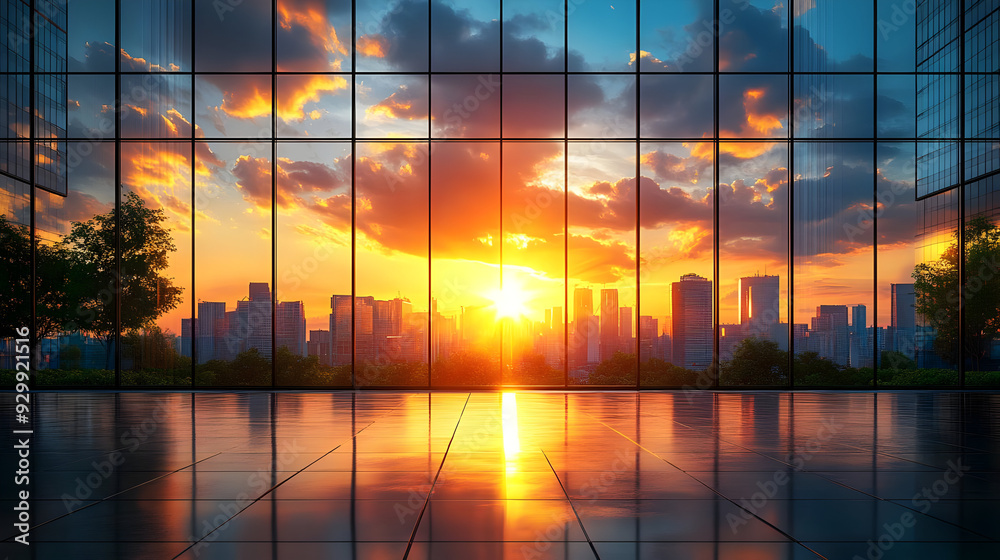 Poster Sunset view from a modern glass building overlooking a cityscape.