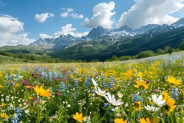 Fototapeta premium A vibrant wildflower meadow in full bloom, set against a backdrop of majestic snow-capped mountains. The serene and picturesque scene captures the beauty of nature and the tranquility of the alpine la