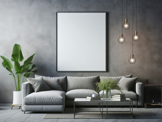 A modern living room with a large gray sectional sofa in front of a textured gray wall