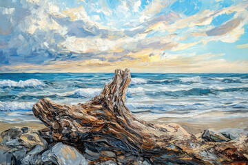 Fototapeta premium Rocky Beach with Driftwood Oil Painting in Natural Colors