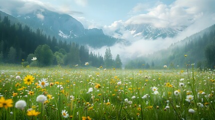 A vibrant wildflower meadow in full bloom, set against a backdrop of majestic snow-capped mountains. The serene and picturesque scene captures the beauty of nature and the tranquility of the alpine la