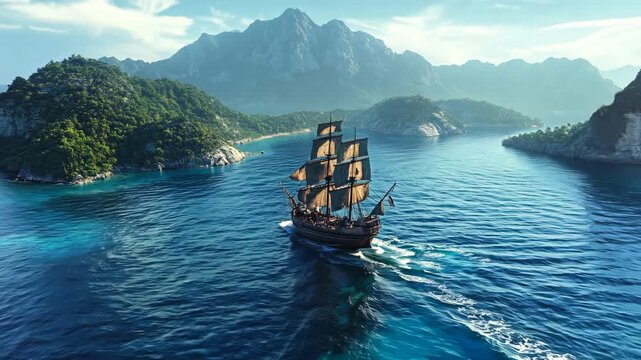 Aerial view of pirate ship sailing toward island. Historical sailing vessel in the sea. Maritime adventure and exploration. Navigating through waters