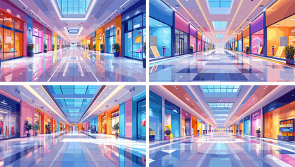 Large trade center cartoon vector scenes. Shopping fashion mall boutique markets hallway stores signs kiosks stylish retail aisles interior illustrations