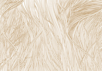 Noodles banner with brown and yellow ramen pattern on white background. Wave abstract art illstration. Hand drawn line.