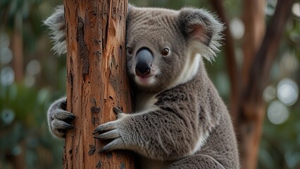 Obraz premium A gentle koala clinging to a eucalyptus tree