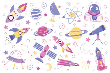 A colorful set of space-themed elements featuring rockets, planets, UFOs, and satellites. Perfect for children's products, educational materials, and creative projects.