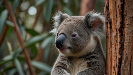 Obraz premium A gentle koala clinging to a eucalyptus tree