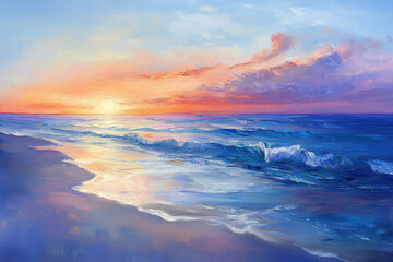 Fototapeta premium Detailed View of Soft Sunset at the Beach Oil Painting