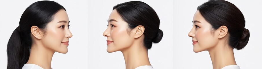 Fototapeta premium Beautiful young Korean women with clean fresh skin on transparent background, Face care, Facial treatment, Cosmetology, beauty and spa concept.
