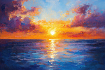 Obraz premium Sunset Over the Ocean Oil Painting in Vibrant Colors