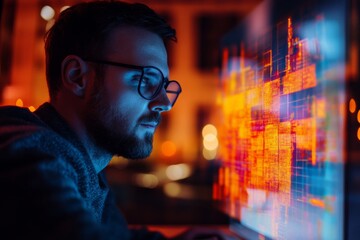 A man is focused on his laptop, analyzing geographic data for effective route management as evening lights illuminate the workspace