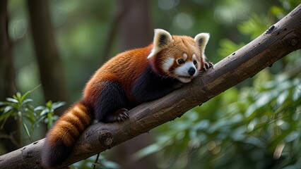 A striking red panda lounging on a tree branch