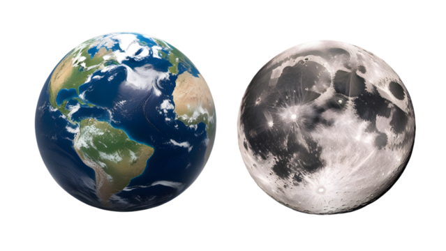 Celestial body collection planet earth and moon isolated on a white background PNG.