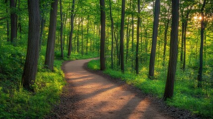 Fototapeta premium Curved pathway through a lush green forest at sunset