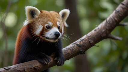A striking red panda lounging on a tree branch