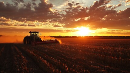 Fototapeta premium Tractor harvesting wheat in a field during a beautiful sunset.