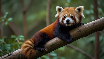 A striking red panda lounging on a tree branch