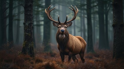 A majestic stag standing tall in a dense forest