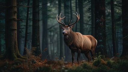 A majestic stag standing tall in a dense forest