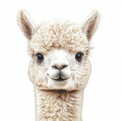 Isolated close-up of a llama face on a white background, cutout in transparent