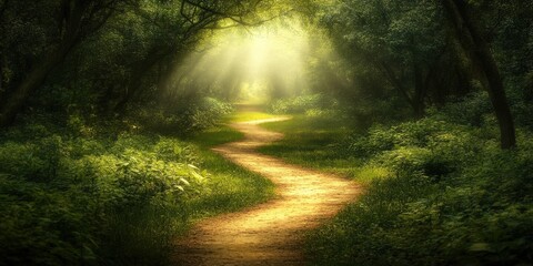 Fototapeta premium Winding path through a sunlit forest during a tranquil afternoon
