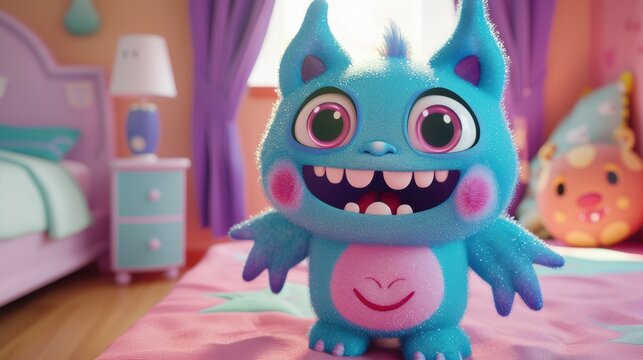 cute 3D character with its large, joyful eyes is set in a vibrant children's room, sitting on a bright bed. This inviting and cheerful scene is perfect for various children's media.