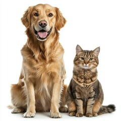 The golden retriever puppy and tabby cat are seated together, isolated on a white background.