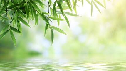 Tranquil Green Bamboo Leaves Over Water Reflection.