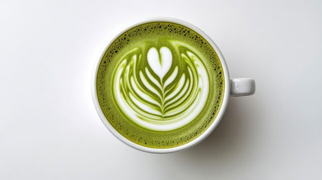 Beautifully Crafted Matcha Latte with Intricate Leaf Latte Art in a White Ceramic Cup on a Clean White Background