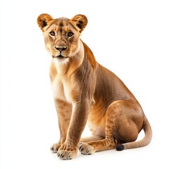 Obraz premium Isolated on transparent background, a lioness (Panthera leo) in the act of sitting