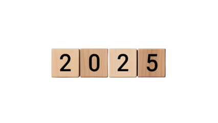3D rendering of wooden blocks arranged to display the year 2025, isolated on transparent background PNG. Ideal for new year celebrations, future planning, business goals, and milestone concepts.