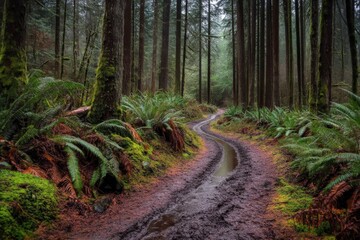 Fototapeta premium Serene forest path winding through lush greenery after rain