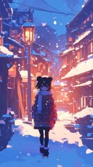 Naklejka premium Adorable Anime-Style Panda Strolling in Winter Cityscape: Creative Animal Concept for Seasonal Marketing. Whimsical Digital Art for Christmas Cards, Winter Themes, and Storybook Illustrations. Versati