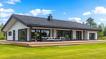 Fototapeta premium Modern house with large windows and a wooden deck overlooking a green lawn.